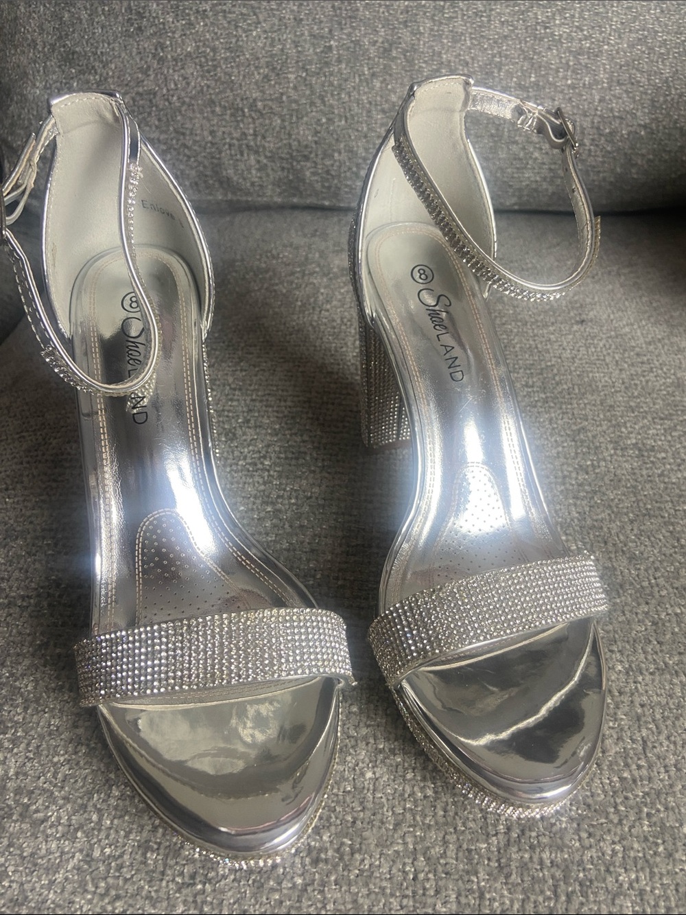 Silver Rhinestone Ankle-Strap Block Heels by ShoeLand size 8